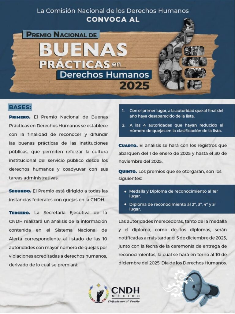 CNDH entregará el Premio Nacional de Buenas Prácticas en Derechos Humanos 2025  a las autoridades que disminuyan quejas