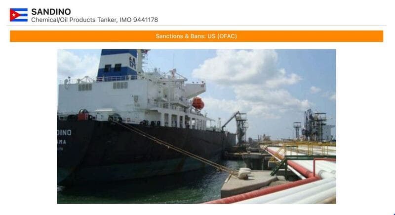 Al rastrear la embarcación mediante seguimiento satelital, aparece la sanción al Sandino por parte de la OFAC.