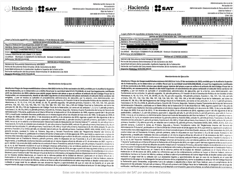 Estas son dos de los mandamientos de ejecución del SAT por adeudos de Zebadúa.