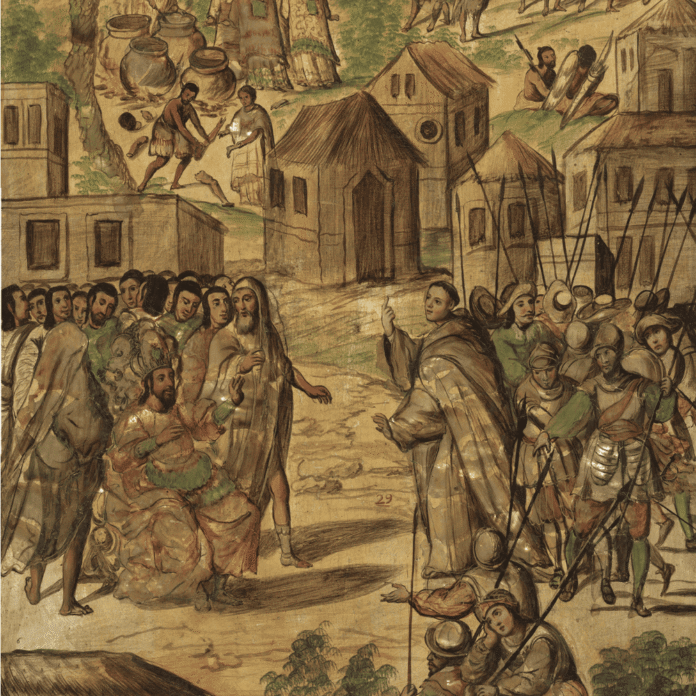 Conquista_de_México_(Tabla_14),_Ollas_de_carne_de_sacrificados_para_sus_sacerdotes._Queman_dos_indios_por_traidores_a_Cortés,_Miguel_González_&_Juan_González_(1698)_(cropped1to1) (1)
