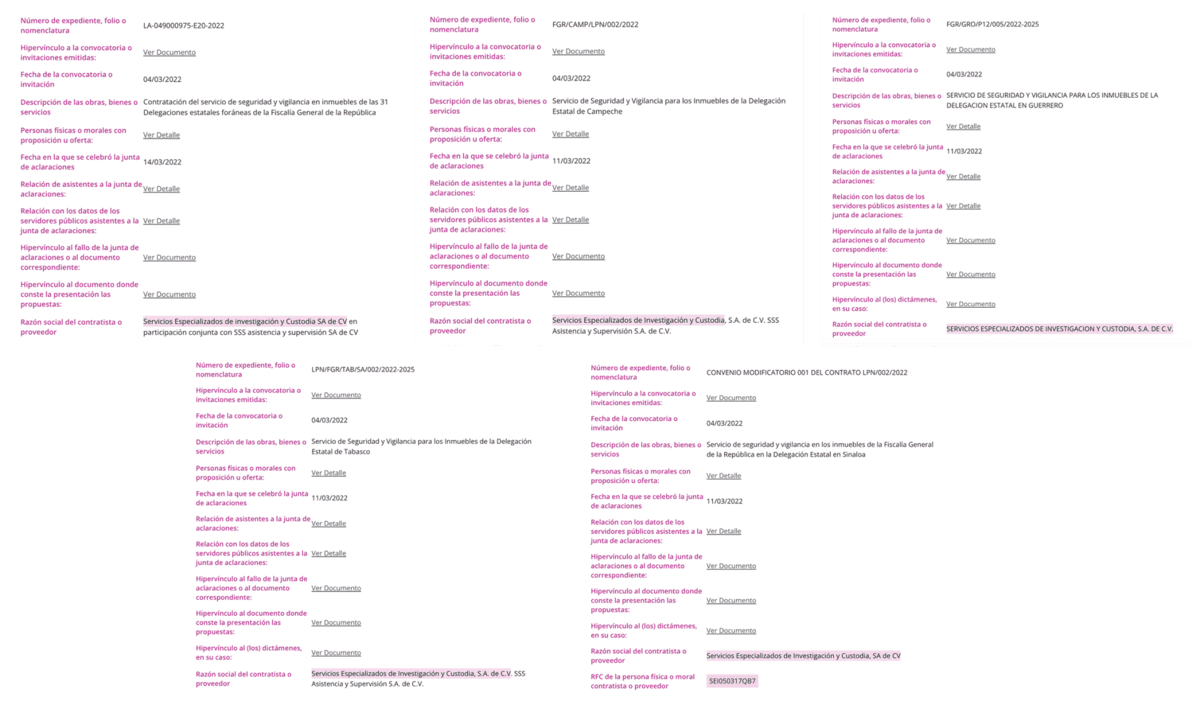 Detalles de otros contratos asignados por la FGR a SEICSA. 