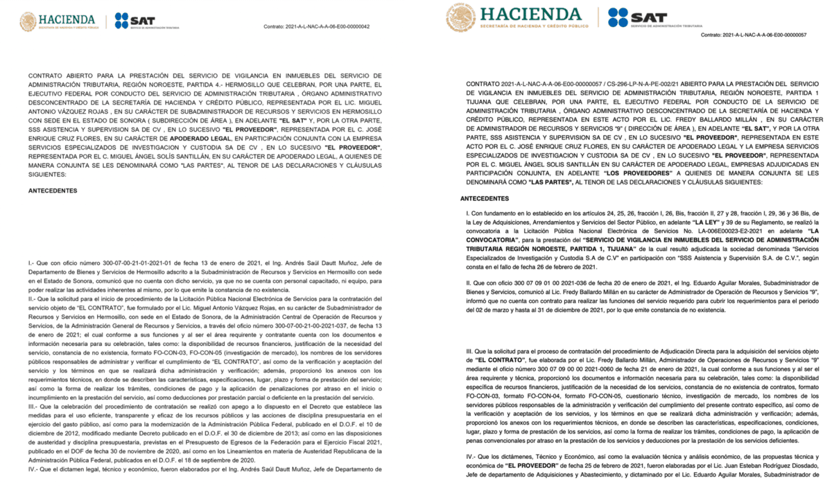 Contratos que el SAT asignó a SEICSA para custodiar las aduanas de Tijuana y Nogales, dos de los puntos que han sido conflictivos en el contrabando de combustible.