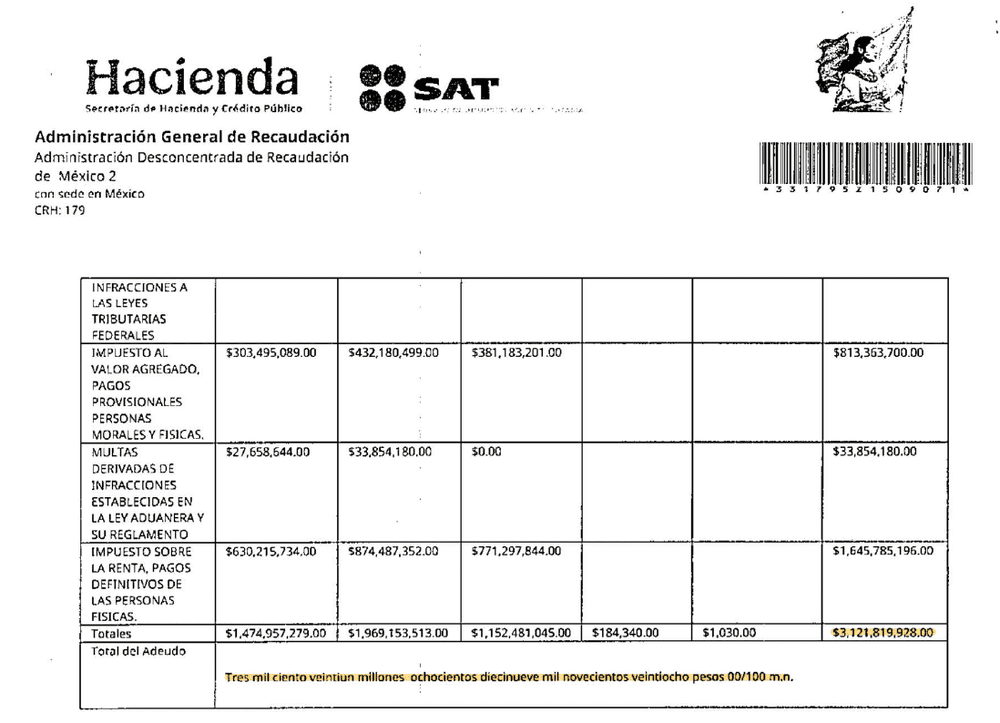 Documento en el que se detalla el monto del adeudo de impuestos.