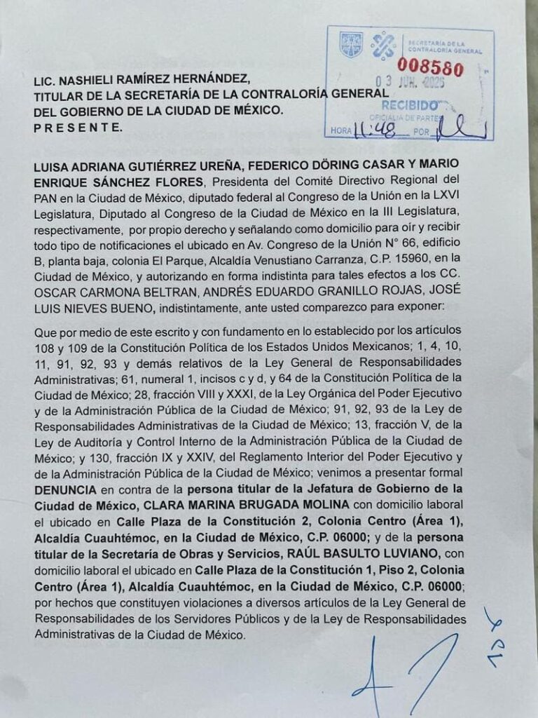 Formaliza PAN denuncia contra Clara Brugada y Raúl Basulto por desvío de recursos en la CDMX